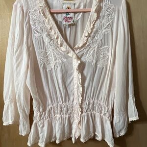Johnny Was Light Pink Lace Trim Blouse